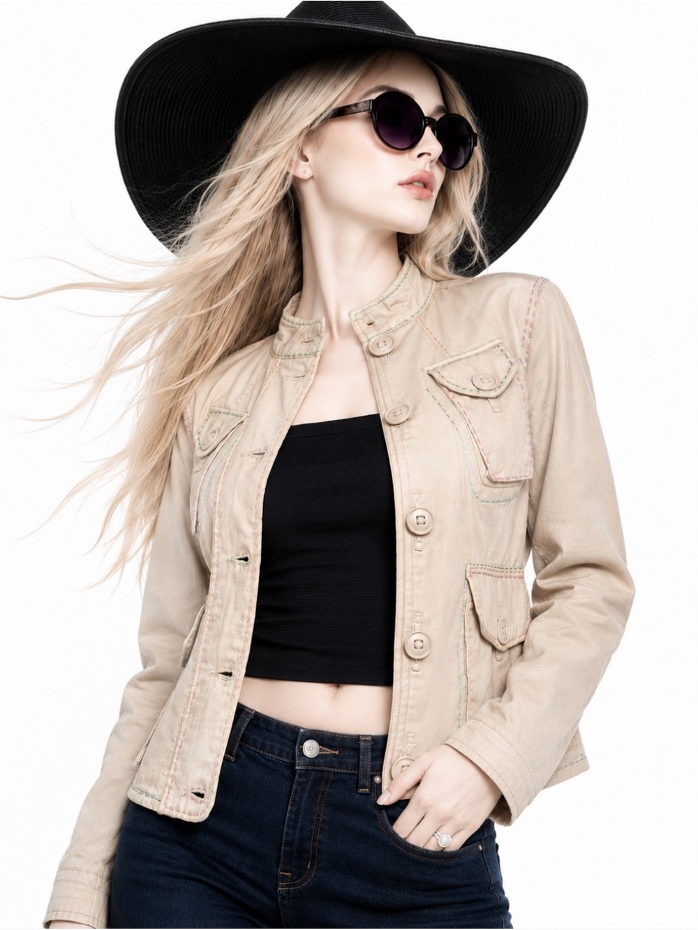 Khaki Jacket w/ multicolored Top Stitching